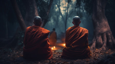 Buddhist monks sitting on the outdoors. Generative AIの素材