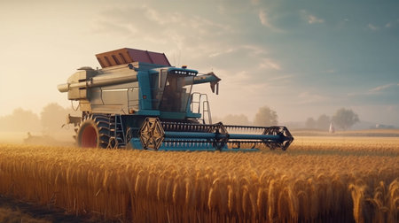 Combine harvester working on a wheat field. Generative AIの素材