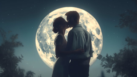 Couple kissing on the background of the full moon. Generative AIの素材