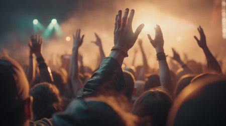 Crowd at a music festival with raised hands in front of the stage. Generative AIの素材