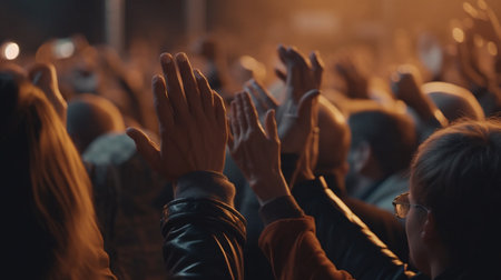 Crowd at a music festival with raised hands in front of the stage. Generative AIの素材