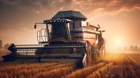 Combine harvester working on a wheat field. Generative AIの素材