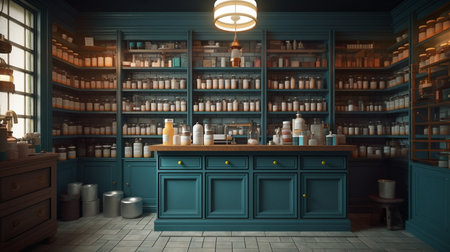 Pharmacy and drugstore shelves with medicine bottles and other items. Generative AIの素材