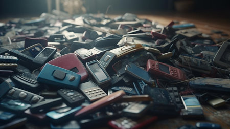 Pile of old mobile phones in a junkyard. Generative AIの素材