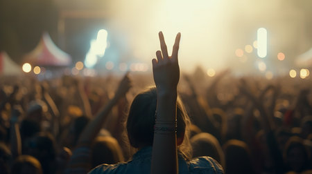 Crowd at a music festival with raised hands in front of the stage. Generative AIの素材