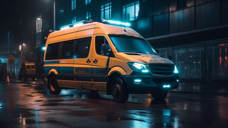 Ambulance car on the road at night. Generative AIの素材
