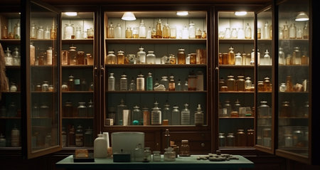 Pharmacy and drugstore shelves with medicine bottles and other items. Generative AIの素材