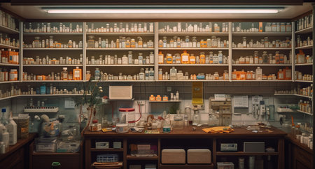 Pharmacy and drugstore shelves with medicine bottles and other items. Generative AIの素材