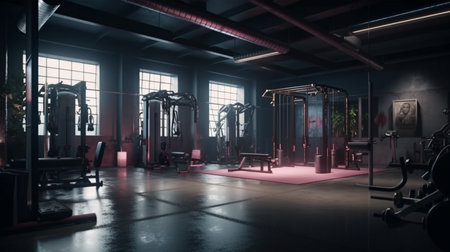 Interior of a modern gym with fitness equipment. Generative AIの素材