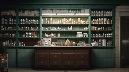Pharmacy and drugstore shelves with medicine bottles and other items. Generative AIの素材
