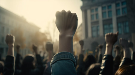 Many hands raised up in the air during a protest or demonstration. Generative AIの素材