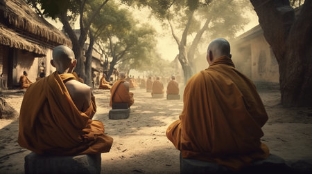 Buddhist monks sitting on the outdoors. Generative AIの素材