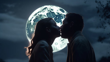 Couple kissing on the background of the full moon. Generative AIの素材