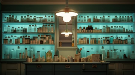 Pharmacy and drugstore shelves with medicine bottles and other items. Generative AIの素材