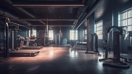 Interior of a modern gym with fitness equipment. Generative AIの素材