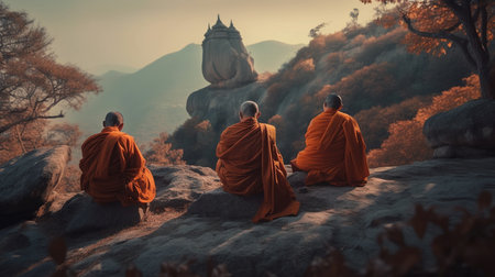 Buddhist monks sitting on the outdoors. Generative AIの素材