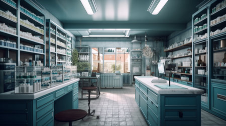 Pharmacy and drugstore shelves with medicine bottles and other items. Generative AIの素材