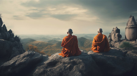 Buddhist monks sitting on the outdoors. Generative AIの素材