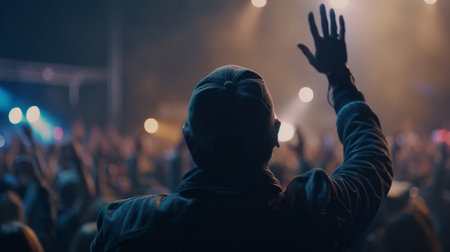 Crowd at a music festival with raised hands in front of the stage. Generative AIの素材