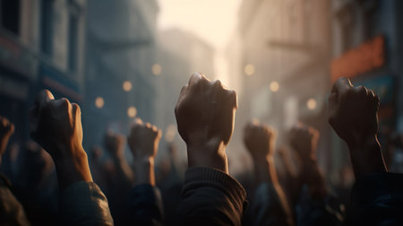 Many hands raised up in the air during a protest or demonstration. Generative AIの素材