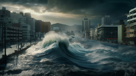 Stormy sea in the city. Generative AIの素材