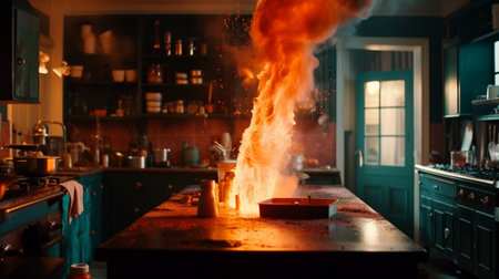 Burning fire in the kitchen. Generative AIの素材