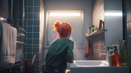 Rear view of woman in bathroom. Generative AIの素材