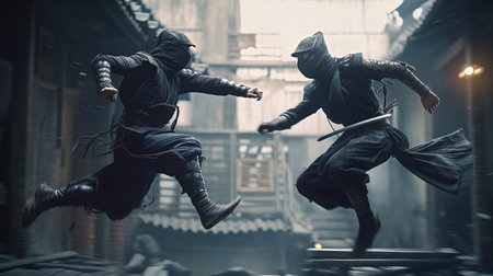 Two ninja fighting. Generative AIの素材