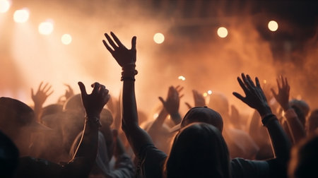 Crowd at a music festival with raised hands in front of the stage. Generative AIの素材