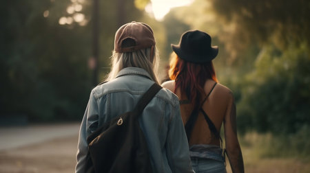 Back view of two women in the park. Generative AIの素材