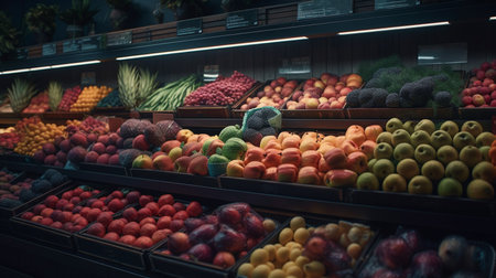 Fruits and vegetables a grocery store. Generative AIの素材