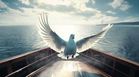 Beautiful pigeon flying on the background of the ship. Generative AIの素材