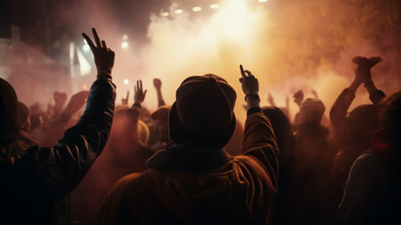 Crowd at a music festival with raised hands in front of the stage. Generative AIの素材