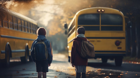Back view of group of schoolchildren standing with school bus. Generative AIの素材
