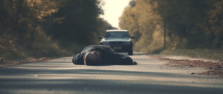 Man lying on the road. car accident. Generative AIの素材