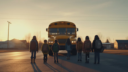 Back view of group of schoolchildren standing with school bus. Generative AIの素材