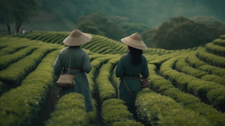 Two women in the Tea Plantation. Generative AIの素材