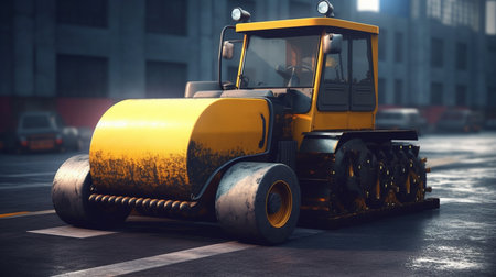 Road roller working on road construction site. Generative AIの素材