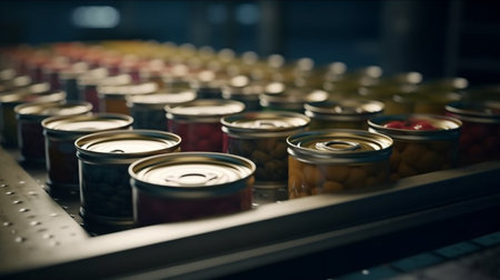 Canned food on conveyor belt in factory. Generative AIの素材
