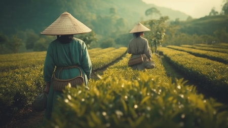 Two women in the Tea Plantation. Generative AIの素材