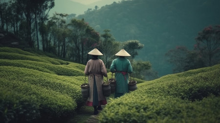 Two women in the Tea Plantation. Generative AIの素材