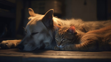 dog and cat sleeping. Generative AIの素材