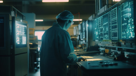 Scientist in protective suit working on microprocessors. Generative AIの素材