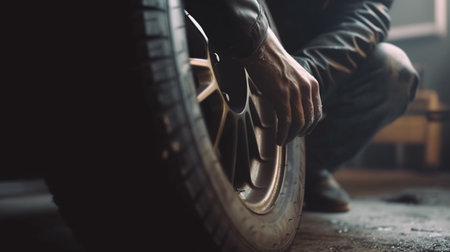 Car mechanic repairing car wheel in garage. Generative AIの素材