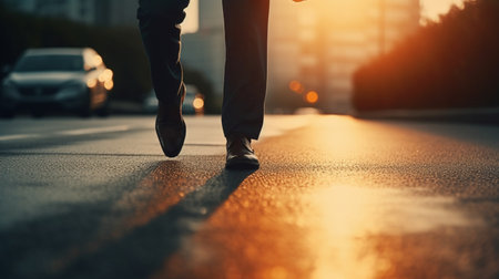 Businessman walking on the street at sunset, closeup of legs. Generative AIの素材