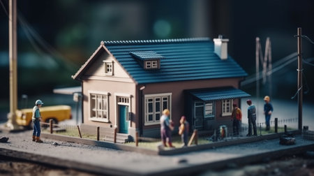 Miniature people working at house construction. Generative AIの素材