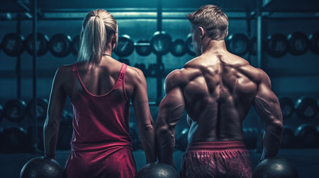 Back view of a muscular young couple standing back to back in a gym. Generative AIの素材