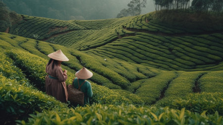 Two women in the Tea Plantation. Generative AIの素材
