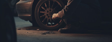Car mechanic repairing car wheel in garage. Generative AIの素材