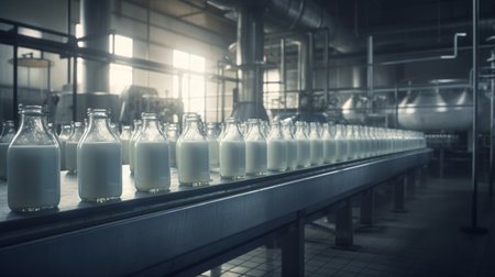 Bottles of milk on conveyor belt. Generative AIの素材